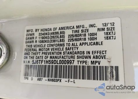 2013 Honda Crosstour Ex-L V6 из США, поврежденный, VIN 5J6TF1H59DL000997